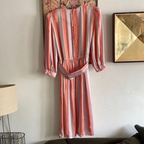60s 70s VINTAGE LESLIE FAY SILKY LS STRIPE BELTED PRARIE BOHO MIDI DRESS 6 VTG - Picture 6 of 16